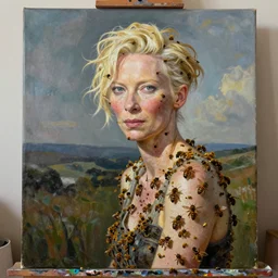 tilda swinton painting an image on canvas of tilda swinton but she's covered in bees