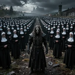 Norwegian death metal band playing in front of a mosh pit full of Catholic nuns, realistic, dark, detailed, horror, photographed by Peter Beste
