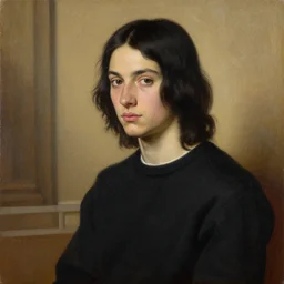 painting of a long black haired boy! teenager!! with a black playstation sweater, renaissance!!! painting!!!, ultra detailed, masterpiece