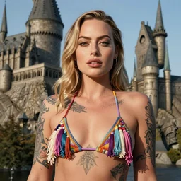 margot robbie portrait with a tattooed body posing in a creative tassel bikini in front of hogwarts, highly detailed and realistic face, beautiful detailed eyes, fantasy art, in the style of Artgerm, illustration, epic, fantasy, intricate, hyper detailed, artstation, concept art, smooth, sharp focus, ray tracing, vibrant