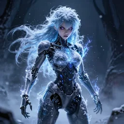 photorealistic full body shot of masterpiece angry darkness android anime girl!, beautifull lovely eyes, electric aura with particles, snowing frozen ice, darkness background, inspired by tim burton, detailed, unreal engine 4 k, volumetric light, fog