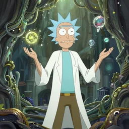 The Sapiential sage dreaming with magical reflections of knowledge lost in time ultra high quality surrealism style of rick and Morty