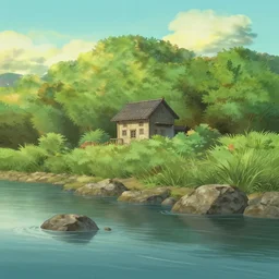 a serene landscape with a singular building near a river with rocks at sunshine, ghibli studio