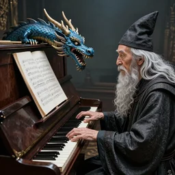 a piano made out of a dragon is played by a old wizard.
