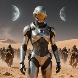 muad'dib in a advanced still suit designed by northrop grumman hr giger tom ford moebius and yasushi nirasawa, closeup wide angle, photorealistic, hdr, 8 k, octane render, the moons of dune in background, desert landscape, mist, a horde of fremen with military gear and weaponry, 4 k, vray, volumetric lighting