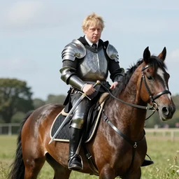 Boris Johnson riding a horse with armour and a sword, photo