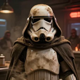 star wars film still, closeup portrait of a dirty sand trooper wearing a hooded cloak, standing in a cantina, dust, scum and villainy, rim light, embers, hyper detailed, smooth, high contrast, concept art, gta v, volumetric lighting, ralph mcquarrie, doug chiang, ryan church