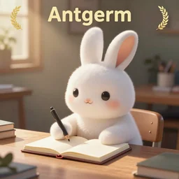 a cute cartoon rabbit sitting at a table and writing on a notebook, antgerm