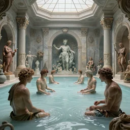 life's progenitors bathing in the milk of the ancient gaia, roman bathouse style by james jean and moebius, highly detailed, 4 k, vray, 3 d, render.