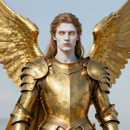 portrait of fully armored norse male warrior, brass plated, symmetric golden wings, divine vibes, light brown hair, white skin, shiny golden eyes, pretty, perfect face, sky background, sharp focus, highly detailed, cinematic lighting, studio quality, smooth render, unreal engine 5 rendered, octane, rendered, by artgerm, greg rutkowski, alphonse mucha