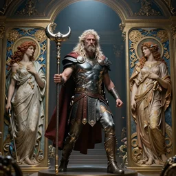 norse god of thunder, by Rolf Armstrong and Evelyn De Morgan and Bastien Lecouffe-Deharme, dramatic lighting, high contrast colors, baroque, empyrean, panoramic view, as trending on Artstation, highly detailed, doom engine,