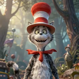 complex 3 d render, hyper detailed, ultra sharp, of the cat in the hat, scary, cinematic, natural soft light, rim light, art by greg rutkowski and artgerm and moebius, dr seuss