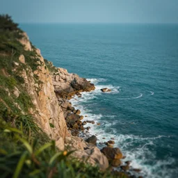 a view of the ocean from a cliff, a tilt shift photo by yi insang, unsplash, video art, tilt shift, wallpaper, cinematic view
