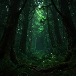 epic dark lush green forest, dark night, glowing particles, volumetric lighting, by Stanley Artgerm Lau, WLOP, Rossdraws, ArtStation, CGSociety, concept art, cgsociety, octane render, trending on artstation, artstationHD, artstationHQ, unreal engine, 8k