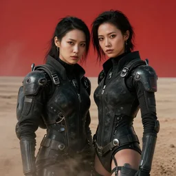 cinestill 5 0 d photographic portrait of two loving female androids wearing rugged black techwear on a desolate plain with a red sky, extreme closeup, cyberpunk style, garters, dust storm, 8 k, hd, high resolution, 3 5 mm, f / 3 2, ultra realistic faces, ex machina