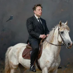 an extremely high quality hd surrealism painting of elon musk riding a pony which has emma watson's face
