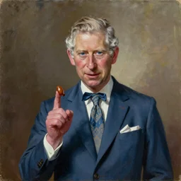 an oil painting of prince charles with sausage fingers