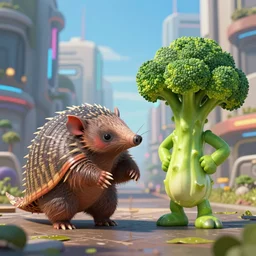 portrait of an armadillo talking to a broccoli man in a futuristic city in the year 2 8 5 4, highly detailed, digital painting, artstation, 8 k