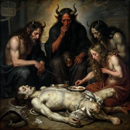 a magnificent masterpiece artwork depicting a sad family of demon gods of sorrow and despair, feasting on a dead body, by francisco goya, by greg rutkowski, trending on artstation, cinematic, highly detailed, 8 k,