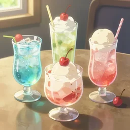 a still life painting of cold drinks, ice cream, cherry embellishment, in the style of makoto shinkai, dreamy, soft, global illumination, radiant light, intricate environment, luminescence, highly detailed, 8 k