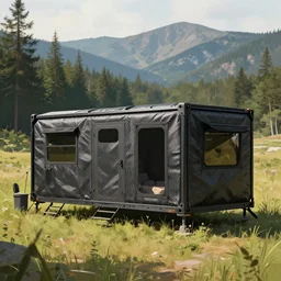 cabela's beautiful comfortable carbon framed, military grade, modular insulated wall portable container home kit - house all weather family dwelling tent house, person in foreground, mountainous forested wilderness open fields, beautiful views, painterly concept art, environmental concept art, concept art illustration, by james gurney, by craig mullins, by greg rutkowski trending on artstation