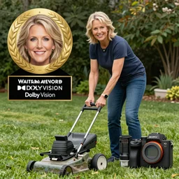 martha stewart mowing the lawn, ( sony a 7 r iv, symmetric balance, polarizing filter, photolab, lightroom, 4 k, dolby vision, photography awardm, voque, perfect face )