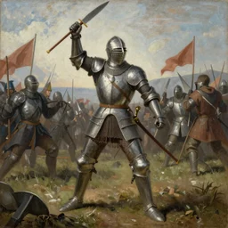 a painting of a knight coming back from battle victorious