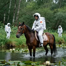 a photo of an astronaut riding a horse in the forest. there is a river in front of them with water lilies, 4 k
