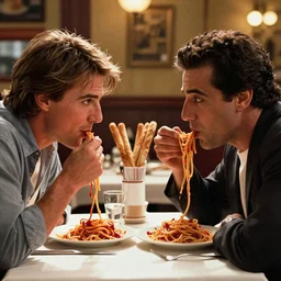 tom cruise sitting across from john travolta at an olive garden restaurant, slurping spaghetti like lady and the tramp movie, endless breadsticks in the background, cinematic