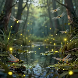 A cottagecore digital art of a variety of dragonflies in a firefly-lit swamp