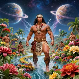 buff duke kahanamoku as a hawaiian warrior emerging from a surrounded intergalactic planets connected by streams of multiversal flow, sigma male, gigachad, lush garden of majestic flowers, visually stunning, luxurious, by wlop, james jean, jakub rebelka, tran nguyen, peter mohrbacher, yoann lossel