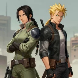solid snake and aloy standing back to back, posing, medium shot, natural lighting, digital art, illustration, highly detailed, by frank miller,