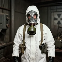 man in a anti-radiation hazmat suit and gasmask in radioactive zone, ww1 film photo, grainy, high detail, high resolution