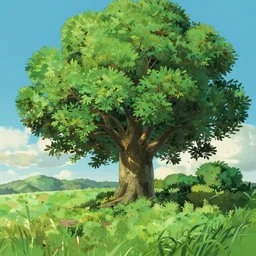 a landscape of a single tree with bushes nearby, studio ghibli, castle in the sky, animated, anime, illustrated, vibrant, by ghibli, by miyazaki, on artstation