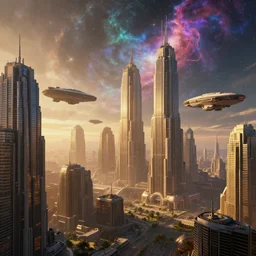The futuristic sci-fi city has tall brutalist architecture buildings, some giant spaceships are flying over the city, the background has a detailed heavenly and iridescent light from nebulas, panoramic view, vaporwave, cyberpunk, matte painting, concept art, dramatic lighting, golden hour, 4k, 8k, trending on Artstation, realistic