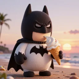 a large knitted batman devouring a delicious ice cream cone during sunset at the beach Trending on artstation, featured on Behance, well-rendered, Unreal Engine, 4K HD