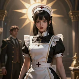 1 krenz cushart and alfons mucha detailed close portrait digital concept of a beautiful anime young woman as a gothic nurse, epic sunbeam, unreal engine, hyperrealism, cinematic composition, blender render, octane render, hdr, detailed textures, trending on artstation, award winning artwork