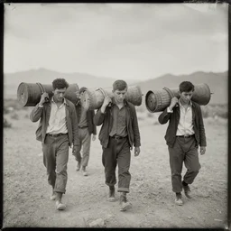 group of worn down youths walking through nevada desert, carrying bindles, 2 0 3 7 tintype photograph