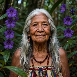 a beautiful portrait of a loving and noble indigenous old woman with long white hair in the amazon jungle surrounded by purple flowers of brunfelsia grandiflora, matte painting, by christophe vacher