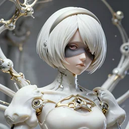 hyper detailed ultra sharp portrait of a beautiful well contoured porcelain ivory nier automata!, artstation!! detailed elegant clothes, up close shot, sharp focus, global illumination, ambient lighting pixiv!! scenery art, biomechanical white silver gold vaporwave rhizomorphs headdress, dream texture, alexandre ferra, irakli nadar, alexander mcqueen, nier automata concept render 4 k