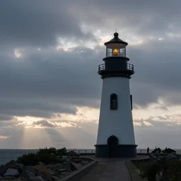 distant view of lighthouse on the dawn, cloudy sky