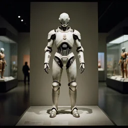 cybernetic suit of armor in a museum, 35mm color film, wide angle, center frame, octane 8k render
