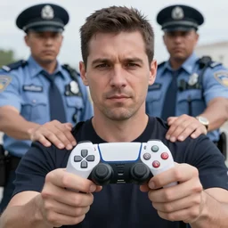 closeup portrait of of police arresting a man holding a playstation controller. photograph, world press photo, natural light, sharp, detailed face, magazine, press, photo. steve mccurry, david lazar, canon, nikon, focus