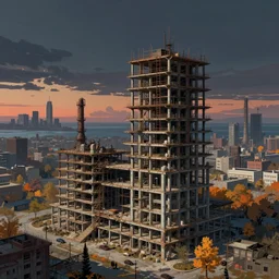 a beautiful ultradetailed illustration of industrial architecture architecture unfinished building establishment building nature city by vija celmins, liberty city apocalyptic at night at dusk sea tundra at fall sunset vice city, archdaily, wallpaper, highly detailed, trending on artstation.