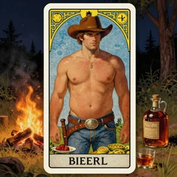 a dramatic, epic, ethereal tarot painting of a handsome thicc barechested cowboy with a beer belly | background is a late night campfire with food and jugs of whisky | homoerotic | tarot card, art deco, art nouveau | by Mark Maggiori | trending on artstation
