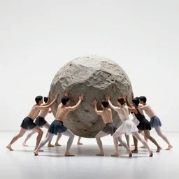 a horde of sisyphusses pushing a cuboid boulder through an empty space, white background, ballet performance photography