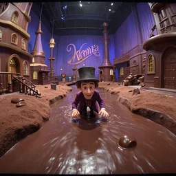 grainy security cam footage still of Augustus Gloop in the chocolate river at Willy Wonka's Chocolate Factory, extreme wide angle