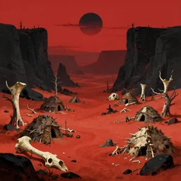 Orc Village in a red sand wasteland with black rocks and black cliffs. Black sun in the sky. Red Sky. Huts and tents made of bone and hide. Large animal bones. dead trees. a fantasy digital painting by Greg Rutkowski and James Gurney, trending on Artstation, highly detailed