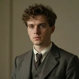 portrait painting of a young man of 3 0, british, messy brown, short hair, curly hair, poorly shaven, wearing a plain suit, short hair, journalist, looking gaunt, handsome, confident, full unreal render cinematic lighting art 1 9 2 0 period drama by bussiere rutkowski andreas rocha