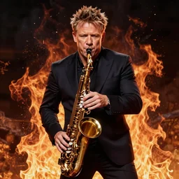 gordan ramsay playing the saxaphone in hell surrounded by fire
